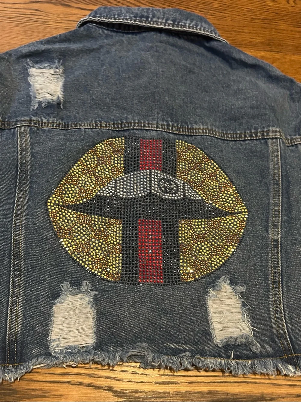 Embellished Rhinestone Lip Denim Jacket by designer XoxoE